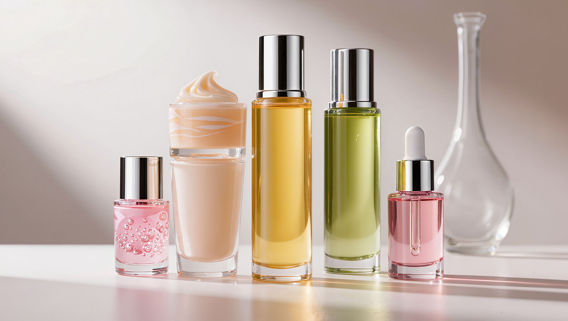 Linha Cronograma Facial Colorido com produtos em embalagens rosa, verde, amarelo e pêssego
